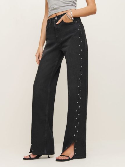 Vana Vented Studded Cary High Rise Slouchy Straight Leg Jeans